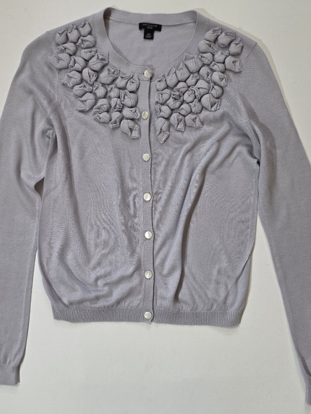 Ann Taylor Cardigan Sweater Womens SP Lavender Button Down 3D Floral Rosettes‎